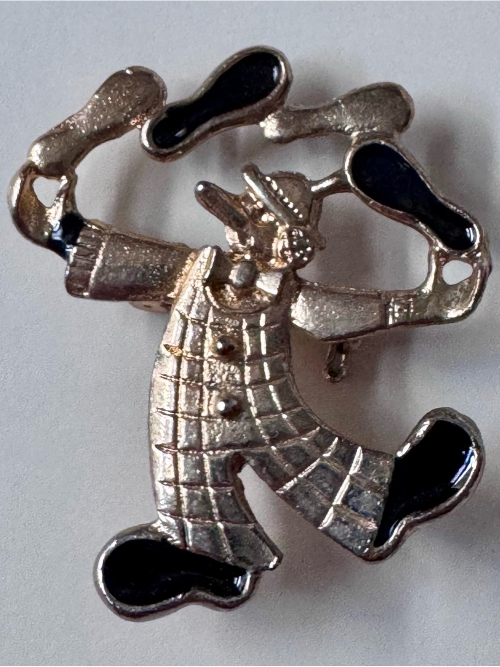 Gold Tone Clown Brooch with Black Enamel Accents